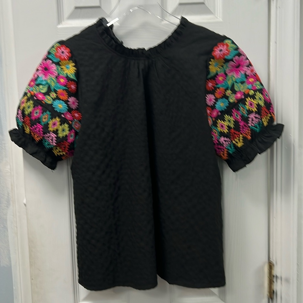 THML Black Top with Multicolor Floral Embroidered Puff Sleeves